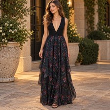 Alice + Olivia Maxi Dress XS Black Floral Silk Boho Lace Back Evening Gown