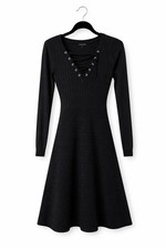 Nina Leonard Black Knit Fit & Flare Dress Lace Up Eyelet Size S