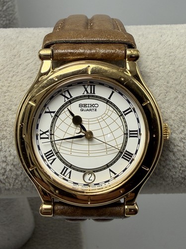 Seiko 7N42-6A40 New Battery Age Of Discovery Mens Watch 35MM 7.75" Vintage