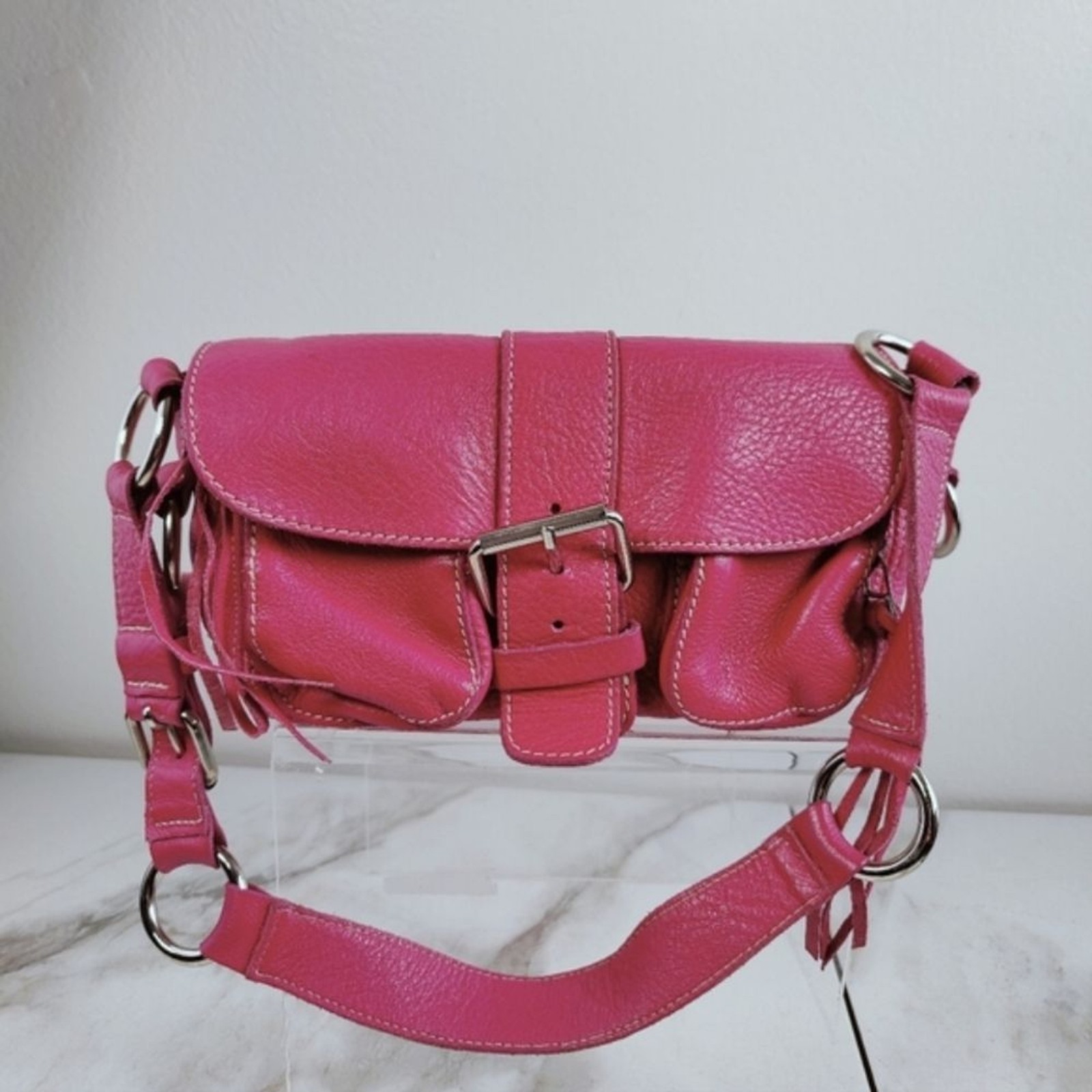 Rare VTG Y2K Roots Canada Pink Pebbled Leather Shoulder Bag Handbag Purse