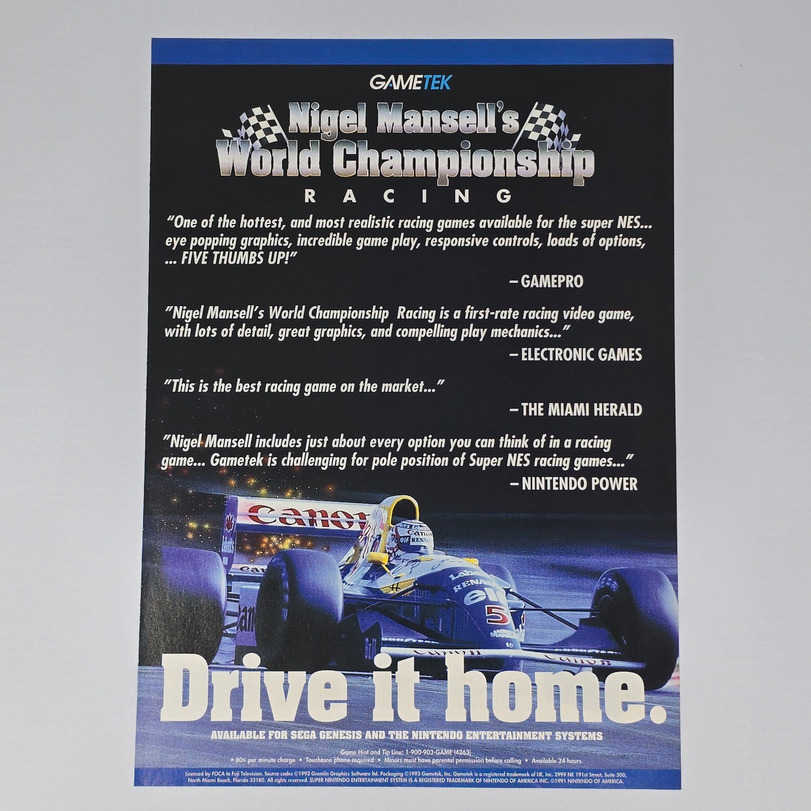 Anuncio/póster impreso de carreras del Campeonato Mundial de Nigel Mansell NES Drive It arte promocional