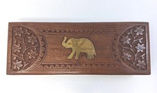 Crown Plaza Hotel Box Wood Brass Elephant Inlay Floral Gurgaon India 8"x3"x1.5"