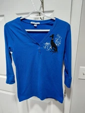 Port Authority Women's Henley 3/4 Sleeve Blue Shirt Greyhound Dog Graphic Small
