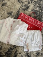 NEW Victoria's Secret Heritage Cotton Pajama Set Top Pants White Pink Trim SMALL