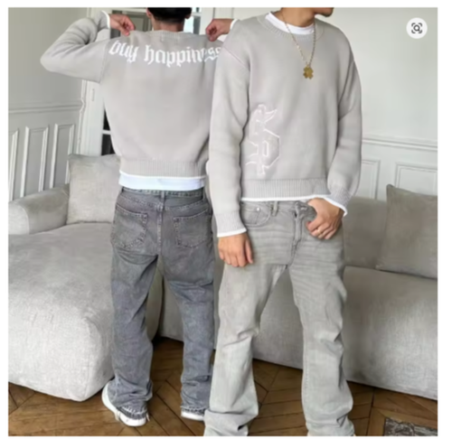 Pull gris manches longues Y2K dollar gothique broderie pull homme streetwear - Photo 2/7