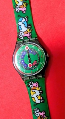 Swatch Crazy Train GG194 Analog Uhr Green Train Dial Cow Strap New in Box 2001