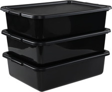 13 L Plastic Commercial Bus Tub with Lid, Restaurant Bus Bin, Black, 3 Packs