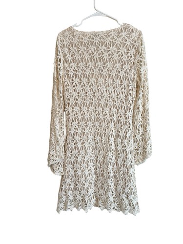 Union of Angels Beige Crochet Long Sleeve Cotton Blend Knee Length Boho Dress - Picture 7 of 8