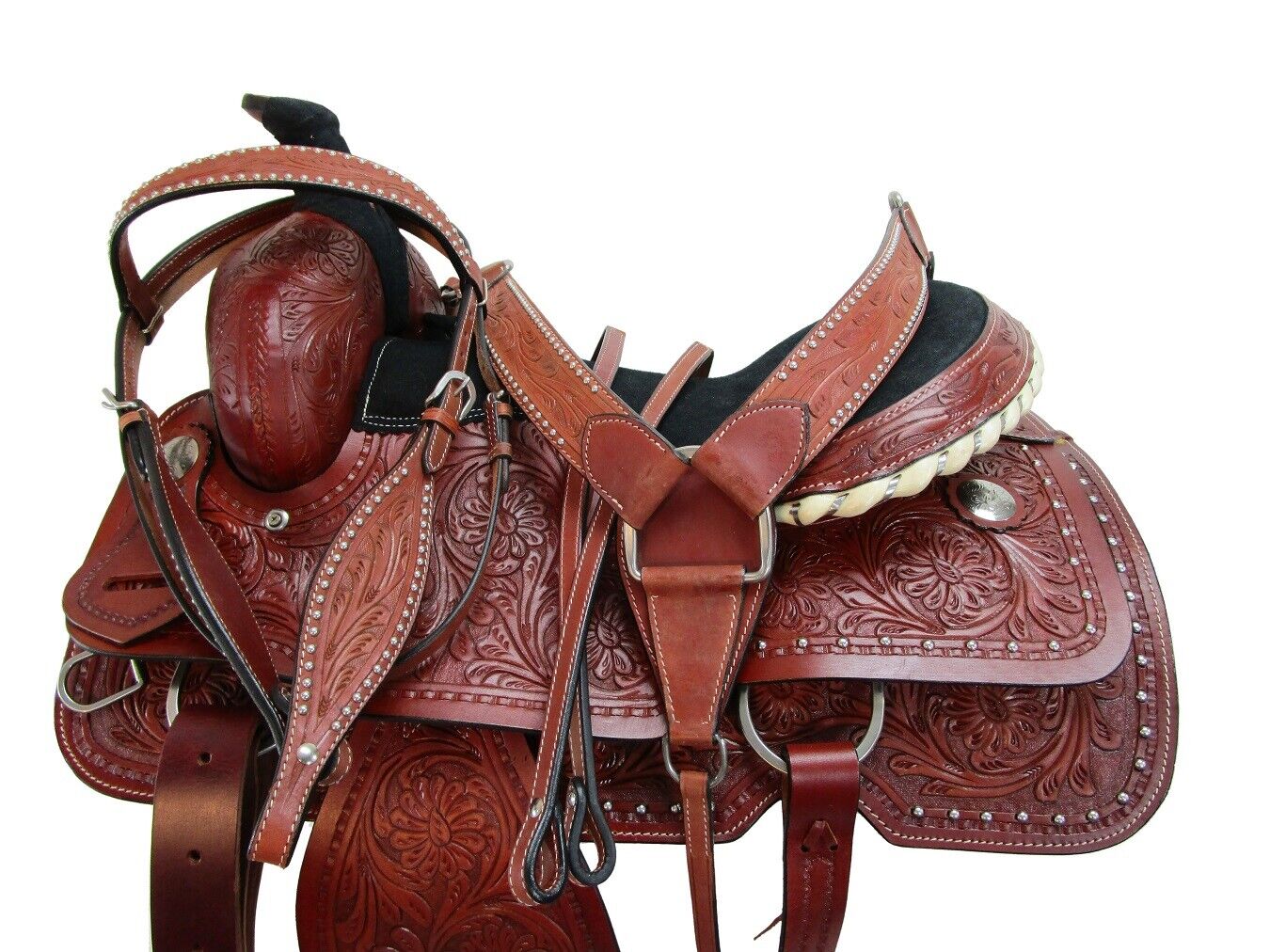 Details about   USED HORSE SADDLE ROPING RANCH TRAIL RANCHER BASKET WEAVE TOOLED LEATHER 17 16
