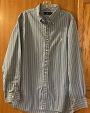 Ralph Lauren Mens Oxford Dress Shirt Blue Yellow Striped 100 Cotton 17 34/35