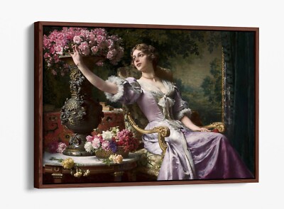 LADY IN A LILAC DRESS WITH FLOWERS -FLOAT EFFECT FRAMED CANVAS WALL ART PRINT