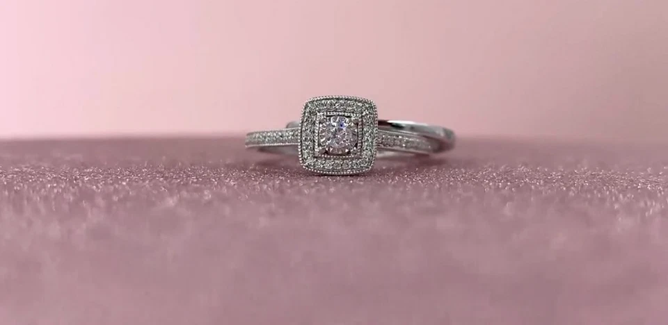 14K White Gold Diamond Bridal Wedding Ring Set Square Halo Engagement Milgrain - Image 2 of 4