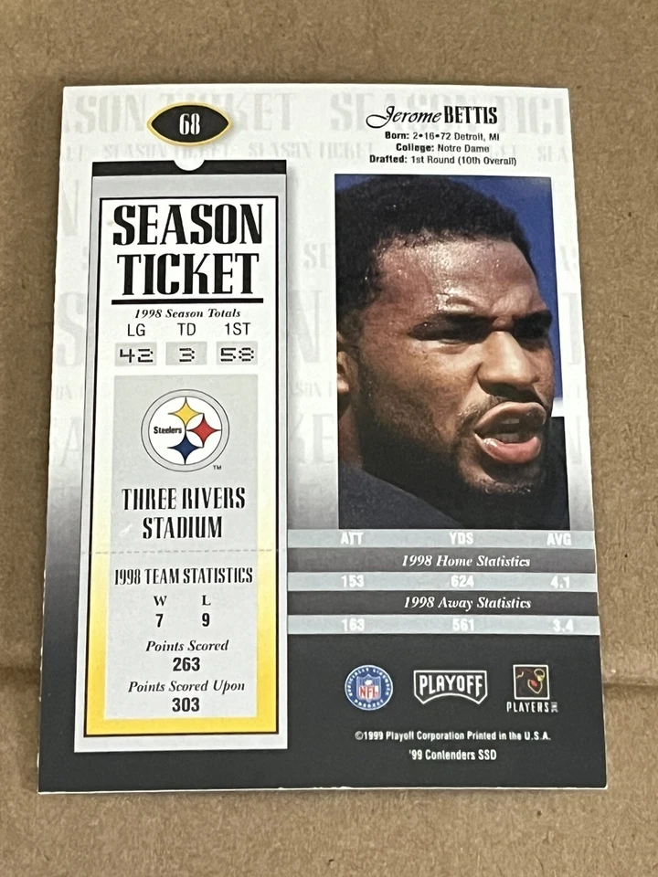 1999 PLAYOFF CONTENDERS SSD - SEASON TICKET - JEROME BETTIS STEELERS #68 - Image 2 of 2