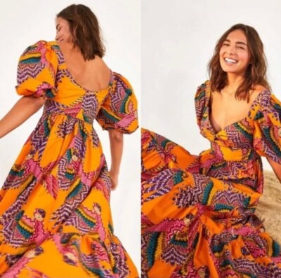 Antrohopologie Farm Rio Beaded Macaws Midi Dress Size Medium Tropical Birds