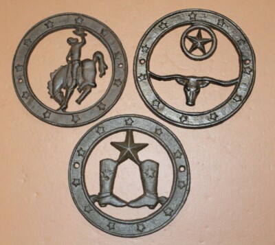 Western Style Cast Iron Wall Plaques Rodeo Cowboy Theme, Rustic Brown