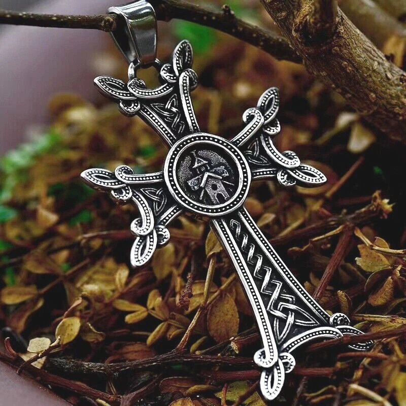 Men Large Silver Catholic Cross Pendant Christian Necklace Stainless Steel 24