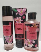 3 PCS SET BATH  BODY WORKS PINK LILY  BAMBOO BODY MIST CREAM  SHOWER GEL NEW