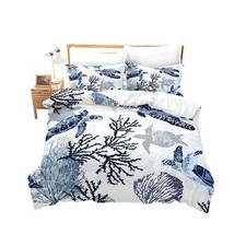 Turtle Bedding Set King Nautical Coastal Bedding,White Blue Sea Turtle Comfor...