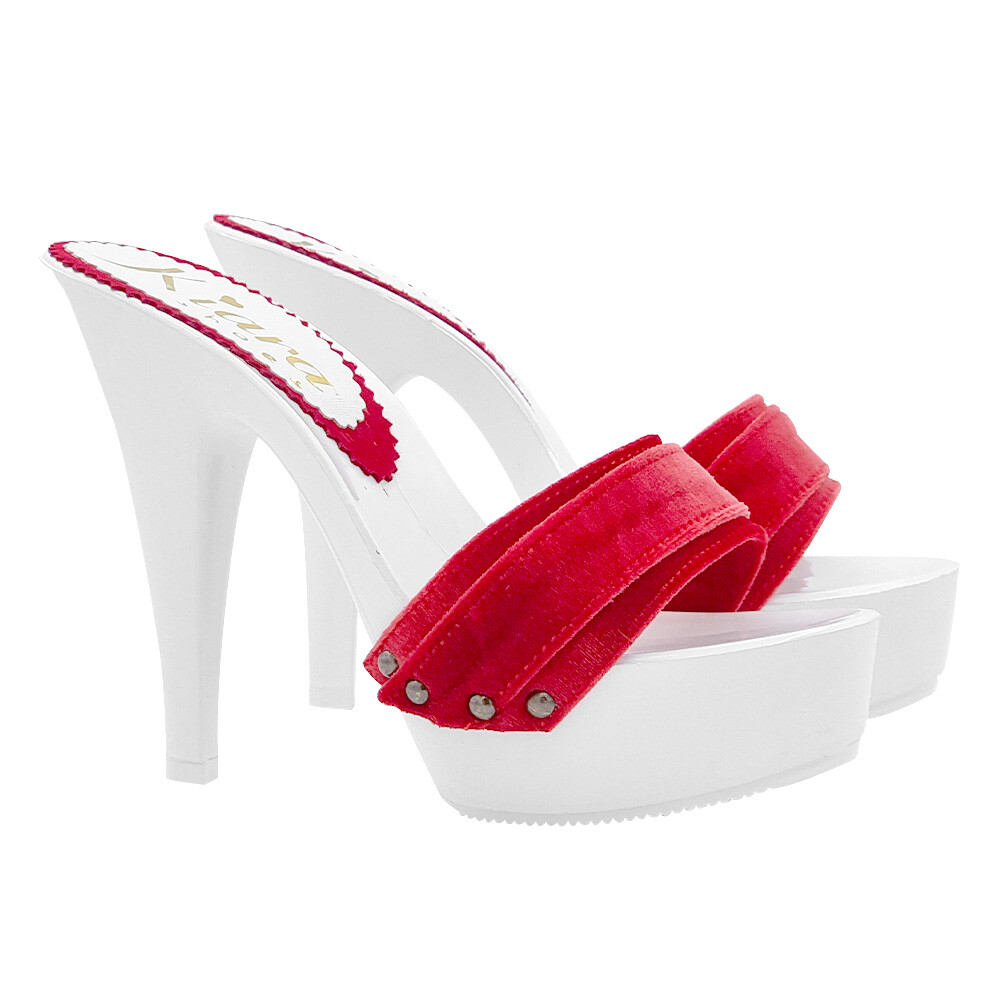 Zuecos Blancos Zapatos Con Banda Rojo Terciopelo Y Talón 13CM - K9401 ROSSO VELL