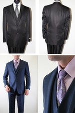 Men's Solid Herringbone 2 Buttom 3 Piece Vested Flat Front Pants Slim Fit Suit