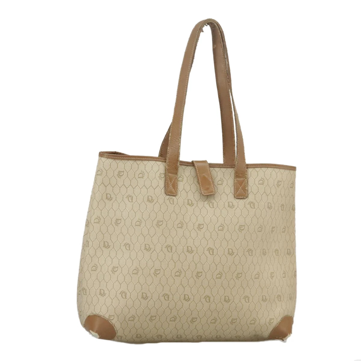 Sac fourre tout Christian Dior toile nid d'abeille PVC cuir beige or authentique bs18674