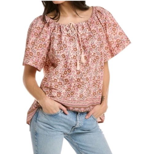 Faherty Florence Organic Cotton Peasant Blouse in Earth Block Print, Size S