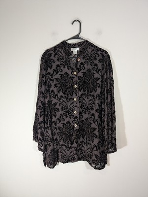 Anes. A Womens Black Burnout Velvet Sheer Blouse Sz XL Grunge Whimsigoth Fairy