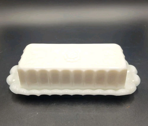 Vintage Westmoreland White Milk Glass Butter Dish w/ Lid Paneled Grape