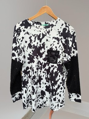 Sunshine & Rodeos Black White Animal Print Long Sleeve Pocket T-Shirt S