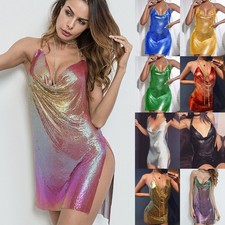 SEXY Lady Sequins Halter V-neck Diamond Summer Party Glitter Backless Mini Dress