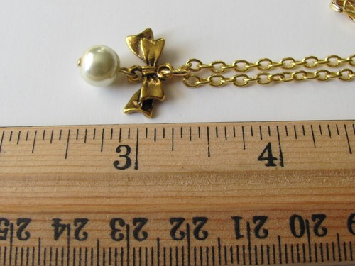 Bow Pearl Necklace Gold Dainty Bridal Gift Bridesmaid Charm Pendant Stackable - Picture 3 of 6
