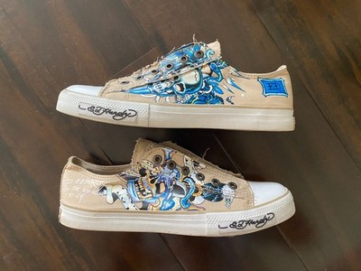 Ed Hardy Skull Rose Canvas Beige Shoe Women Size 9 Y2K