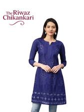 Navy Blue Chikankari Cotton Kurti for Women  Hand Embroidered Ethnic Tunic