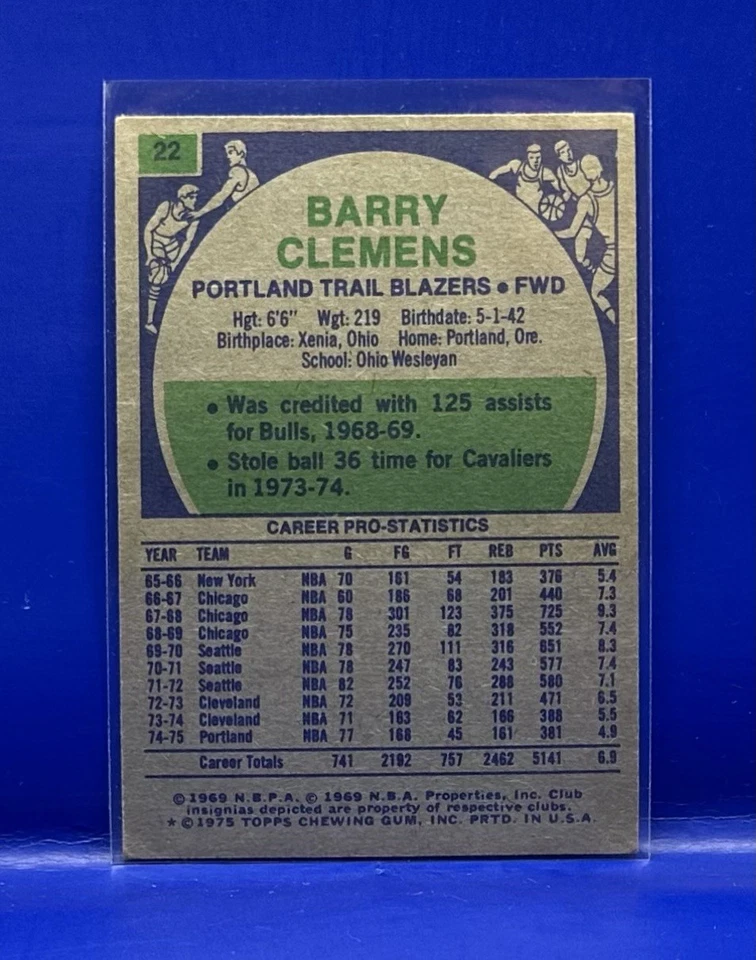 1975-76 Topps Basketball Card # 22 Barry Clemens - Portland Trail Blazers - Image 2 of 2