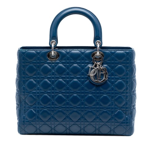 Dior Large Lambskin Cannage Lady Pre-Loved Satchel Dark Blue