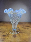Vintage Fenton French Opalescent Hobnail Trumpet Vase Ruffled Rim Pedestal...