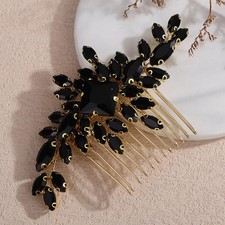 Teyglen Gold Wedding Black Crystal Hair Comb Vintage Black Headpiece with Squ...
