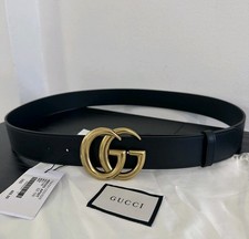 Authentic Gucci Black Leather Belt, Gold GG Buckle, Women Size 12-14 105cm 