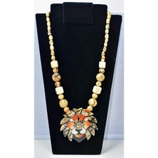 LEE SANDS Hawaiian Coral & Shell Mixed-Media Lion Head Inlaid Statement Necklace