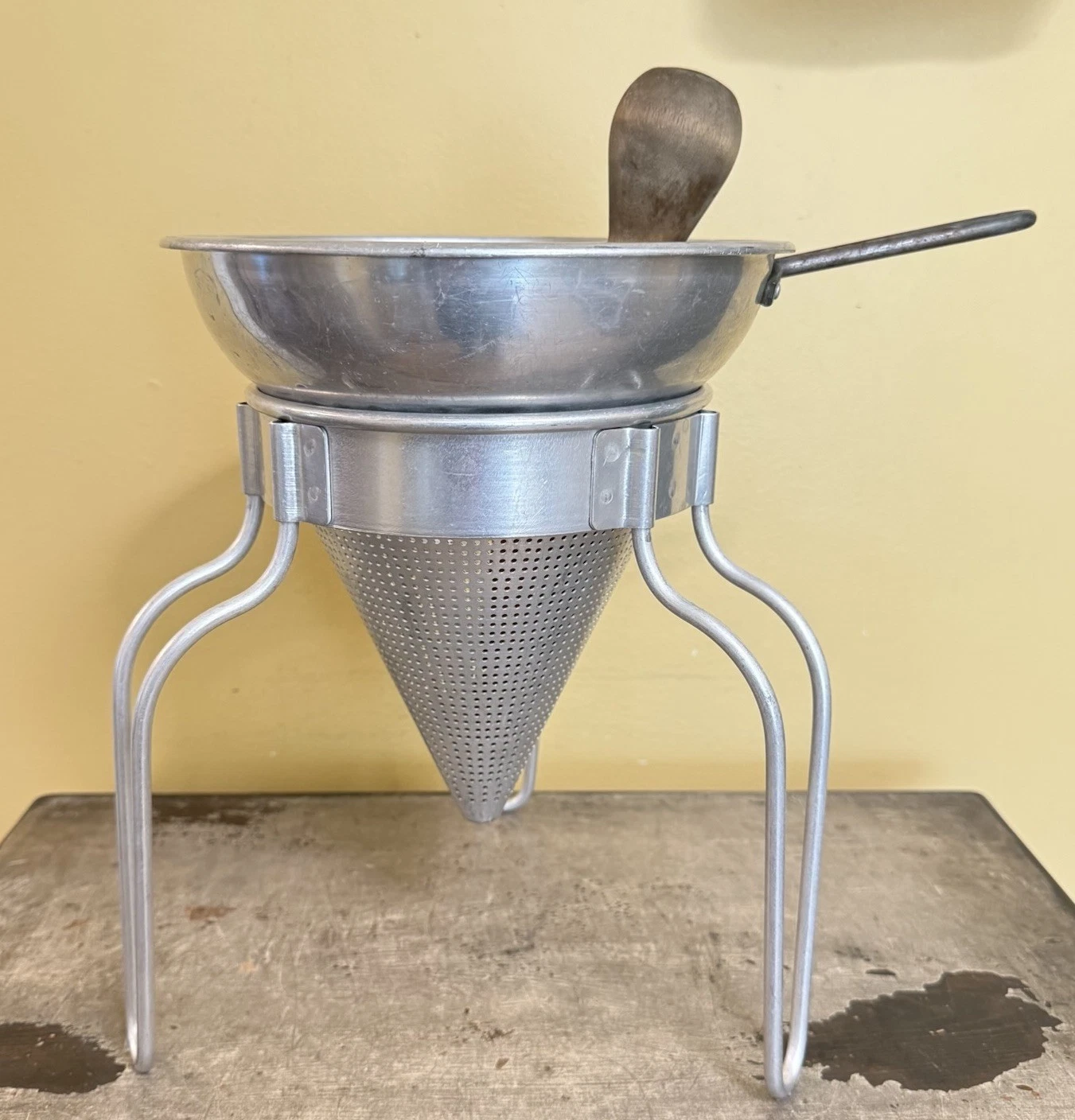 Wear-Ever Vintage Metal Cone Colander Sieve Strainer Wooden Pestle and Stand