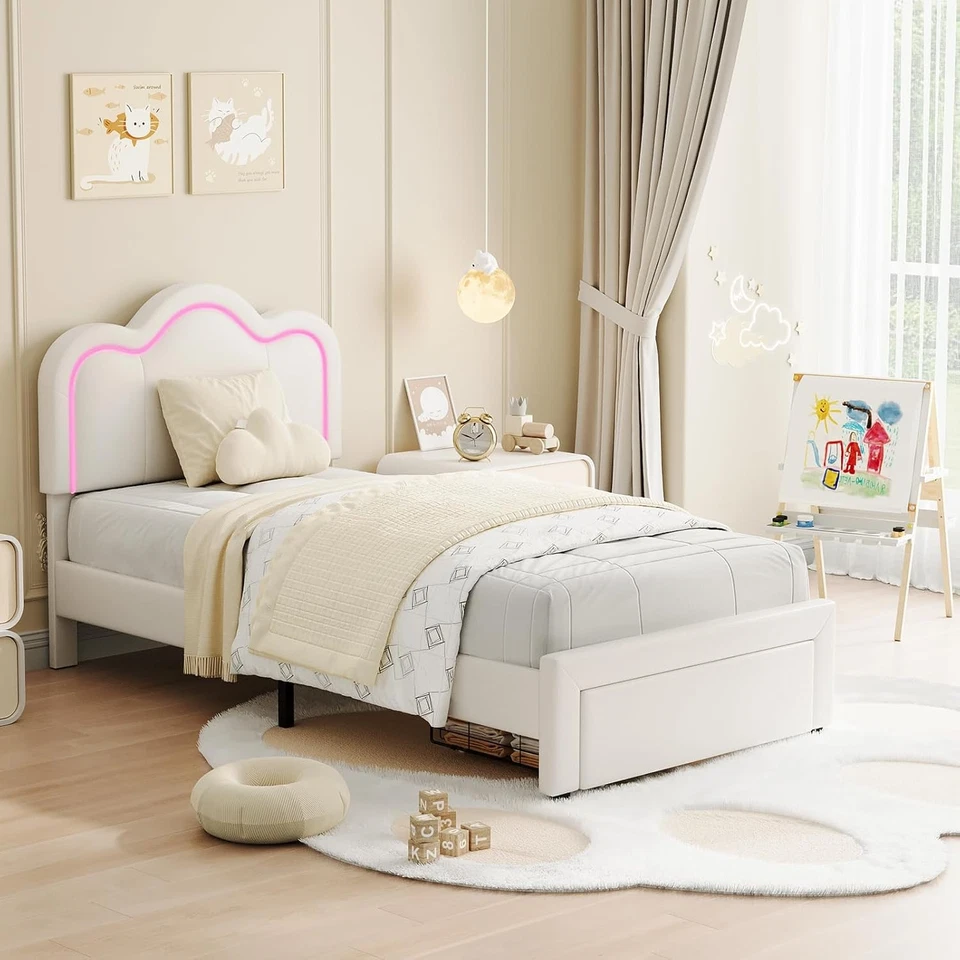 39*78.7*46" Twin Upholstered Bed Frame Adjustable Bear Headboard Kids Bed Beige - Image 3 of 4