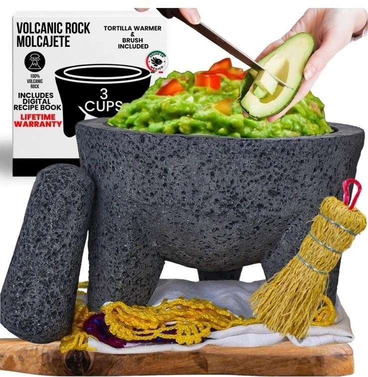 8 in Volcanic Rock Molcajete Mortar & Pestle Set, Black Stone, Brush