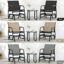 3 Piece Patio Furniture Set Glider Chair Bistro Set with Tempered Glass Tabletop