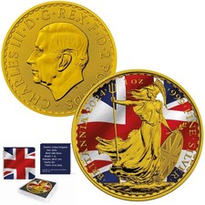 1 oz Britannia UK Flag 24ct Gold Gilded Colourised Silver Coin Bullion 2024 UK