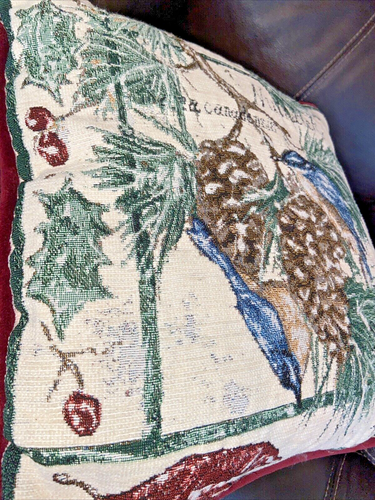 Vintage Tapestry Throw Pillow Floral Bird Velvet Winter 15x15 Cottage Signed - Picture 5 of 15