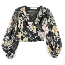 ASTR the Label Floral Sheer Peasant Ethereal Blouse Top Womens XS Black