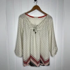 Jolt Women's Roll Tab Sleeve Aztec Top Cream Red Size XL