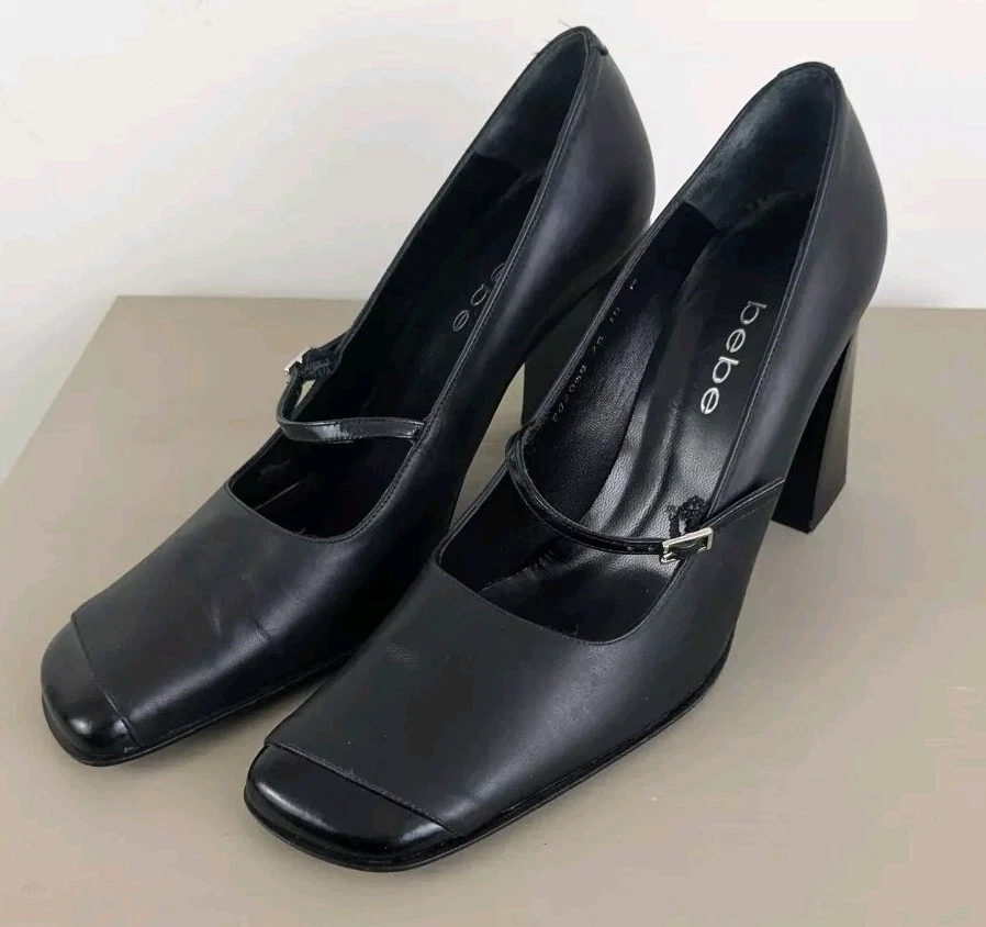 Y2K Bebe Puntera Cuadrada Mary Jane Tacones Cuero Negro Bombas Grueso Tacón Bloque Talla 10 Foto 3 de 4