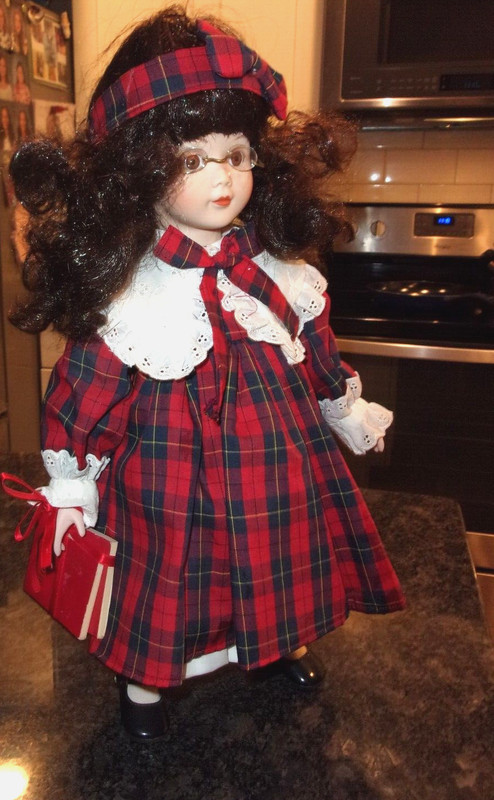 SCHOOL GIRL- Red Dress w/Glasses - Victoria Impex - 17" Porcelain Doll. 