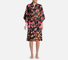Natori Seville Black Floral Print Polyester Charmeuse Kimono Robe Medium